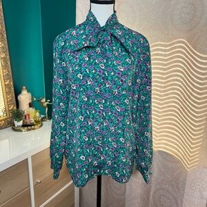 Leslie Fay Haberdashery Vintage Floral Blouse Pussycat Bow Collar Retro Eclectic